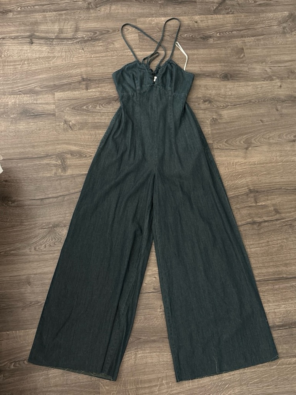 Mustard Seed denim colored Jumpsuit with Spaghetti Straps and open tie back